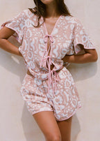 Abstract print lace-up short-sleeved shorts suit