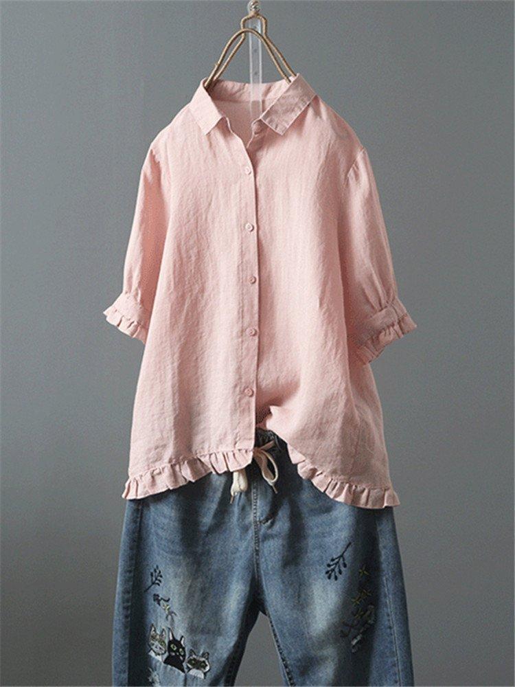 Solid Casual 3/4 Sleeve Turn-down Collar Tops