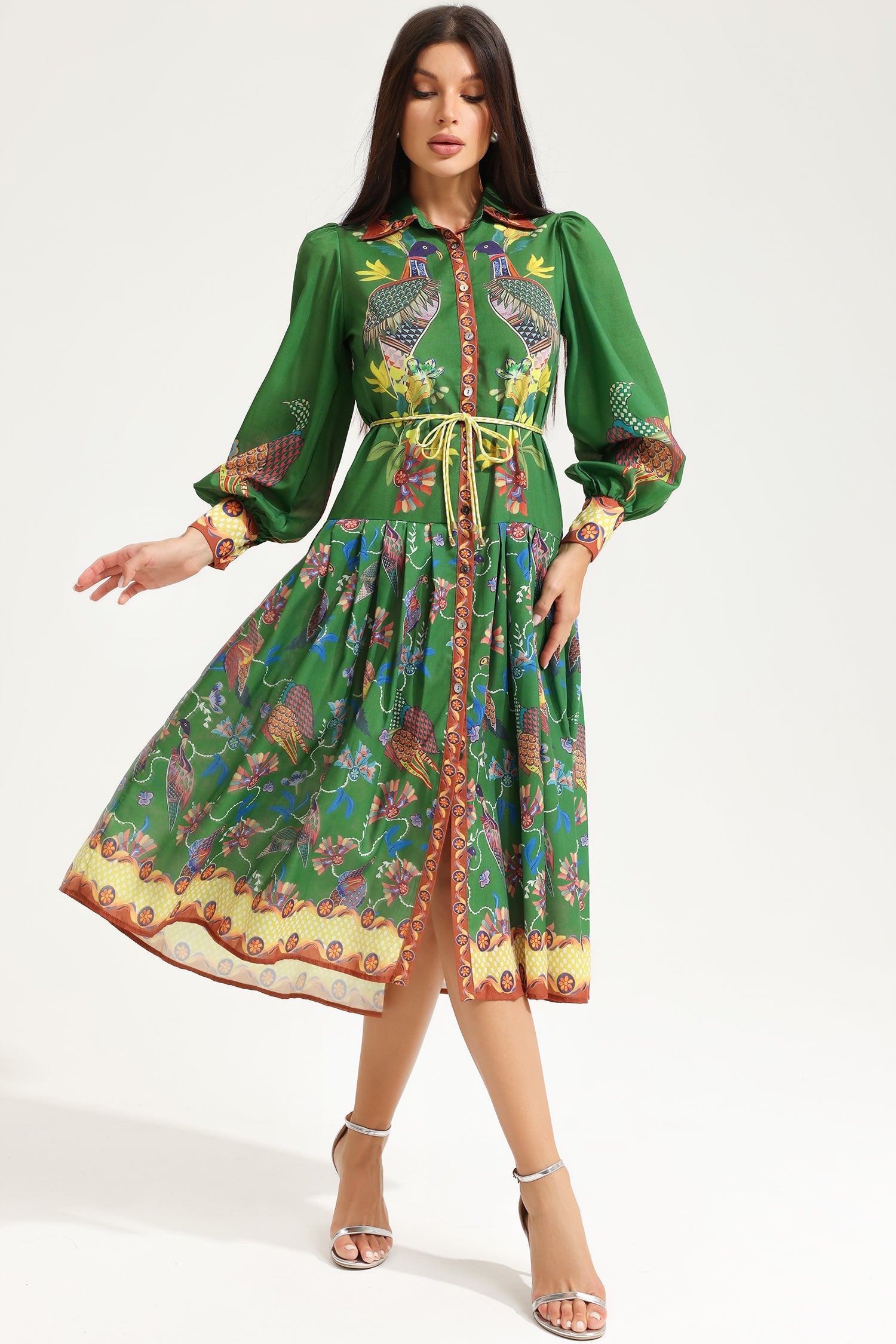 Lapel Lantern Sleeve Printed Large Hemline Long Dress