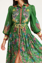 Lapel Lantern Sleeve Printed Large Hemline Long Dress