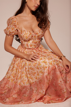 Floral Print Puff Sleeve Cinch Waist Colorblock Midi Dresses