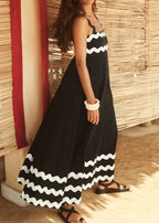 Lace Stitching Wave Suspender Black Maxi Dress