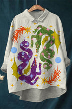 Purple Green Dragon Vintage Printed Linen Shirt