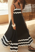 Lace Stitching Wave Suspender Black Maxi Dress