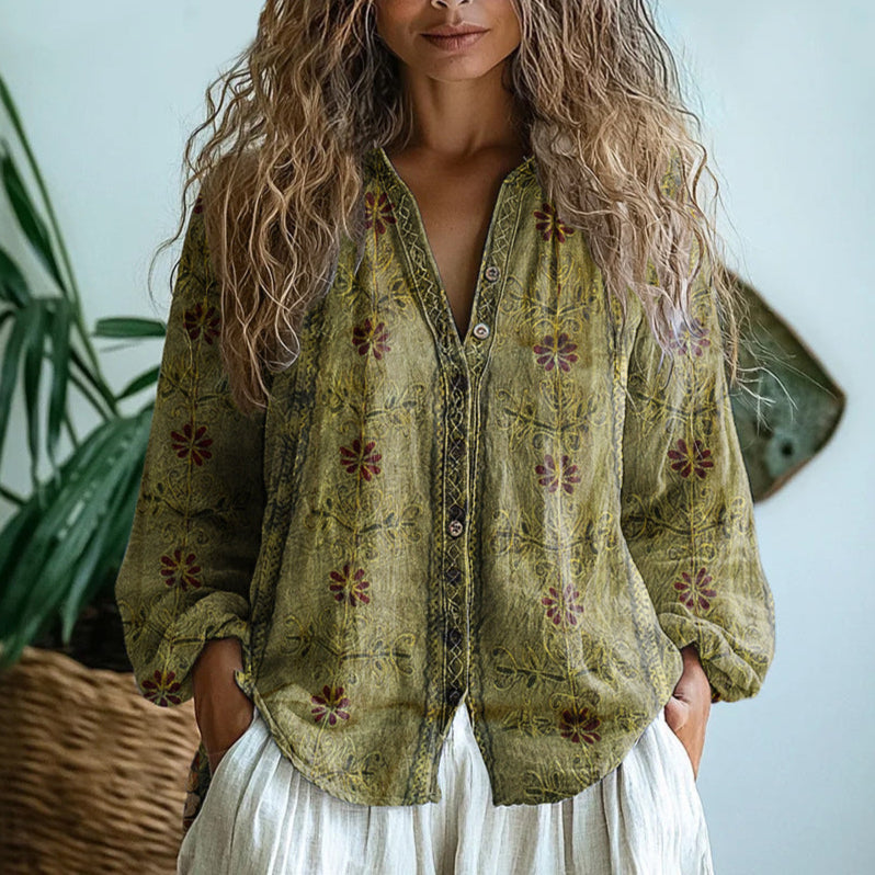 Brianna | Vintage Leaf Print Shirt