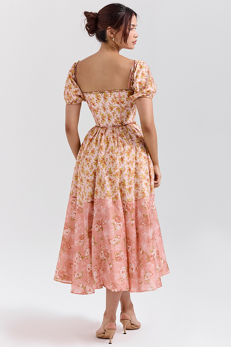 Floral Print Puff Sleeve Cinch Waist Colorblock Midi Dresses